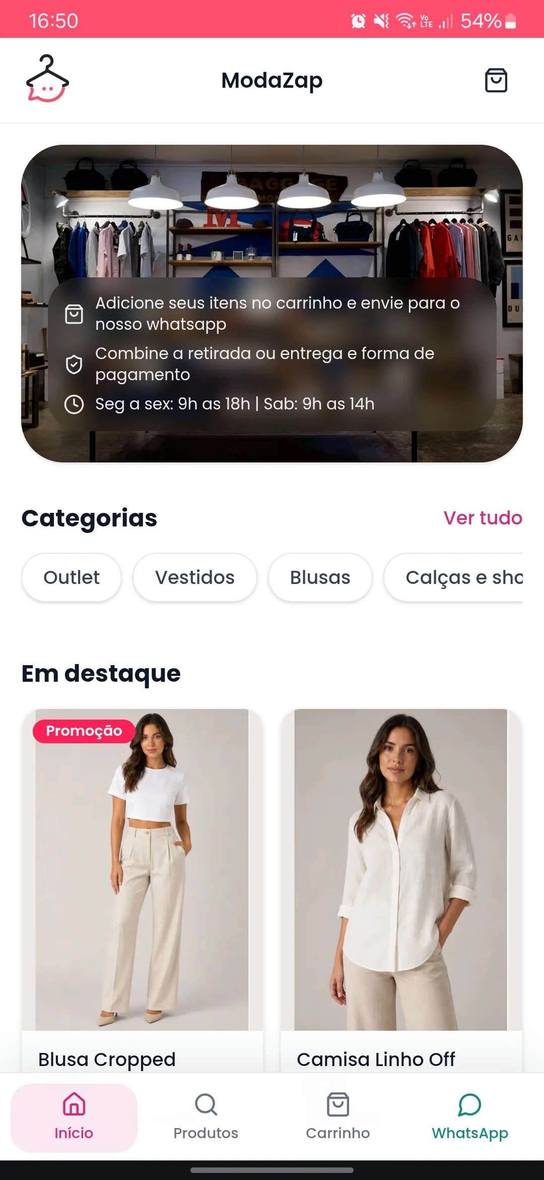 Tela inicial da vitrine Moda Zap em um celular